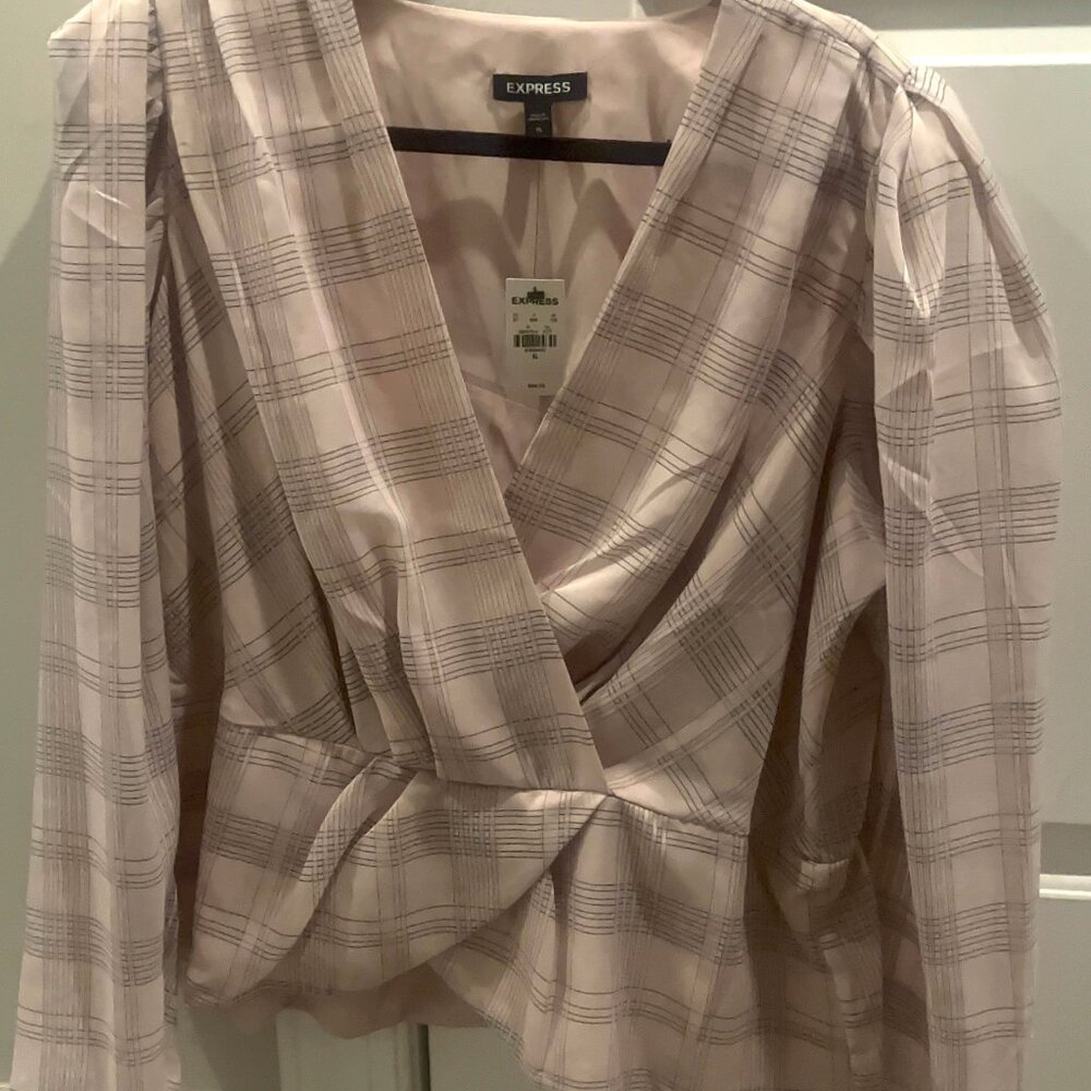NEW EXPRESS Check Print Faux Wrap Front Peplum Top